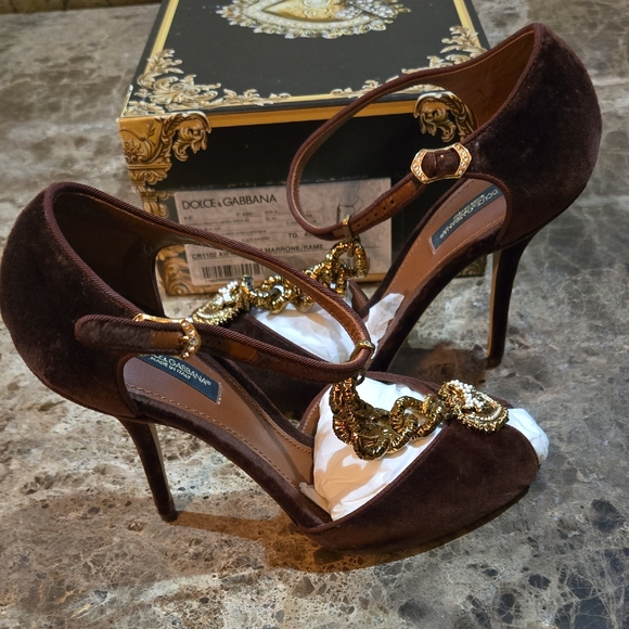 Dolce & Gabbana Brown and Gold/Copper DEVOTION Velvet Heels with Ankle Straps - Picture 3 of 7